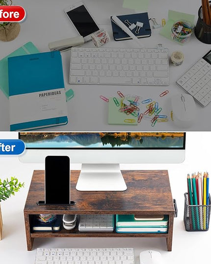 Marbrasse 16.5 Inch Monitor Stand, 2 Tier Computer Monitor Riser with Printer Shelf, Laptop Computer Screen Storage, Desktop Stand - Phone Holder & Cable Management (Vintage)