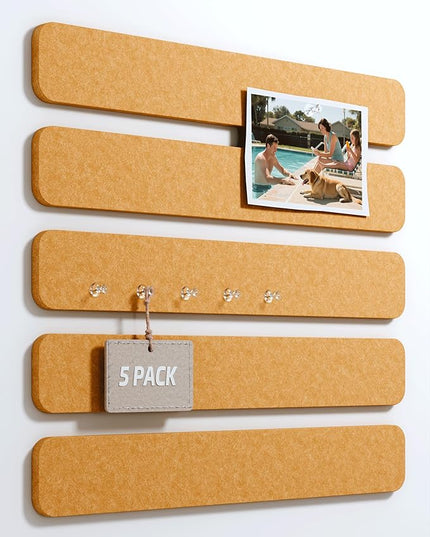 Fluxynara Cork Board Alternative Felt Strip Board 5-Pack 13"x2", Office Pin Board with 35 Push Pins, Adhesive Install for Bedroom Door & Home Office(Sunset Yellow)