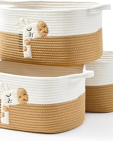 Storage Bins Woven Baskets for Storage Set of 3, Cotton Rope Basket with Handles for Toys/Shelves/Laundry, Rectangle Multi-Purpose Organizer for Living Room, Bedroom, Nursery (Giraffe)