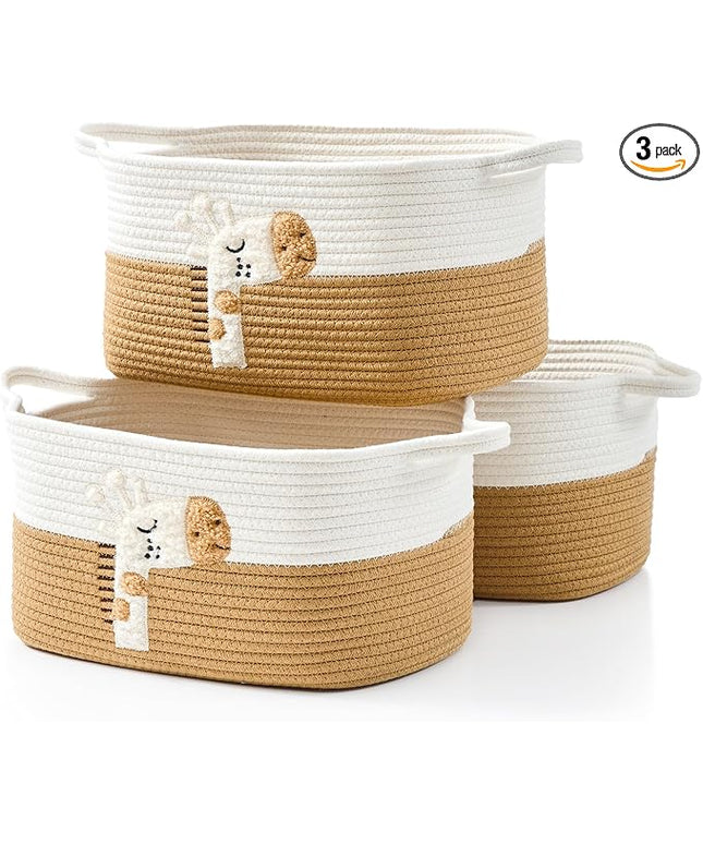 Storage Bins Woven Baskets for Storage Set of 3, Cotton Rope Basket with Handles for Toys/Shelves/Laundry, Rectangle Multi-Purpose Organizer for Living Room, Bedroom, Nursery (Giraffe)