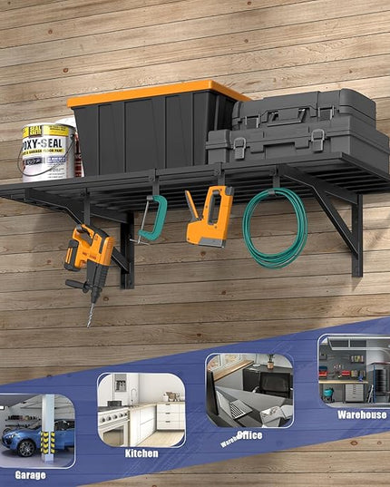 2x4ft Heavy Duty Garage Shelving, 2' x 4' Garage Wall Shelving Wall Mounted, 200LB Capacity Storage Rack with Hooks (1pack-2x4ft)