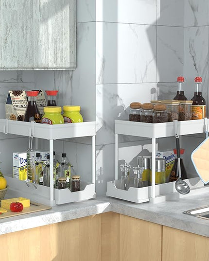DEKAVA Cabinet, 2 Pack Under Sink Organizer, 2 Tier Sliding Bathroom Kitchen Organizer, Large White ABS Baskets, Easy Install & Clean