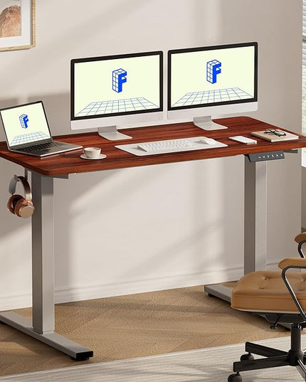FLEXISPOT EN1 One-Piece Adjustable Stand Up Desk - 60 x 24 Inches Electric Standing Desk with Seamless Desktop (Silver Frame + Mahogany Top, 2 Packages)