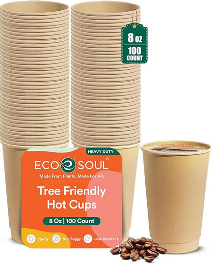 ECO SOUL 100 Pack 8 oz Disposable Coffee Cups Eco-Friendly, Biodegradable, Compostable, Leak-free & Sturdy To Go Hot Drink Travel Bagasse Cup for Tea, Chocolate, Party, Picnic & Cafe, Office & Home