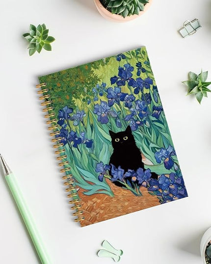 ROXMART Irises Floral Black Cat Spiral Notebook, Black Cat Gifts Journal, Cats Lover Gifts for Women, Abstract Flower Field Kitty Kitten Hardcover Notebook Journal, 5.5x8.3 Inch