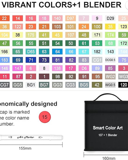 Smart Color Art 108 Pack Art Markers, 107 Alcohol Based Marker Pens and 1 Blender, Dual Tip Coloring Permanent Markers Highlighters with Case, Excellent for Adults Kids Marking Drawing Sketching