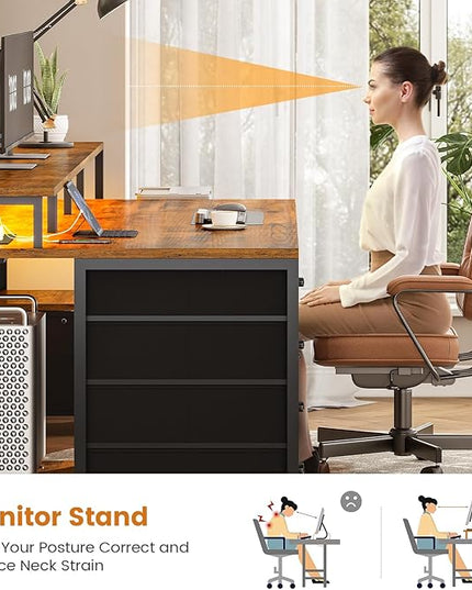 SEDETA Home Office Desk with File Drawer & Power Outlet, 75'' Large Computer Desk with 5 Drawer, Storage Shelves, Monitor Shelf and Led Lights, 23.6" W Desktop Gaming Desk, Rustic Brown