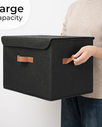 GRANNY SAYS Black Storage Bins with Lids, Decorative Storage Boxes with PU Handles, Linen Closet Organizer, Storage Baskets for Shelves, Fabric Storage Bins for Clothes, Extra Large