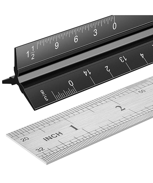 Architectural Scale Ruler Set, 2 Pack 12 Inch Aluminum Architect Ruler with Standard Metal Ruler, Imperial Architect Triangular Ruler with Etching for Architects, Engineers, Students and Draftsman