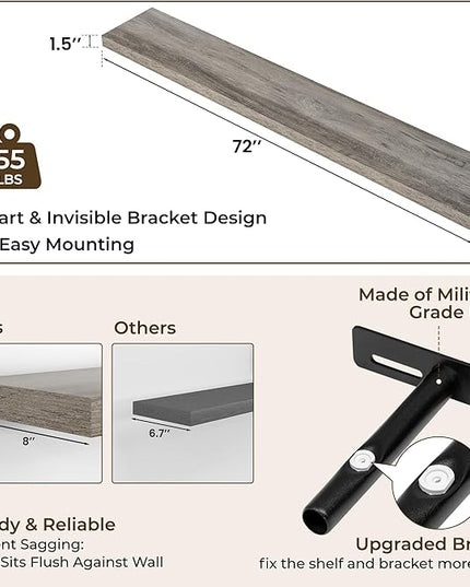 RICHFOCUS 72Inch Floating Shelves for Wall 1 Pack Shelves for Bedroom|Kitchen|Bathroom Wall Mounted Rustic Wood Floating Shelf with Invisible Brackets for Books|Storage|Decor, Grey