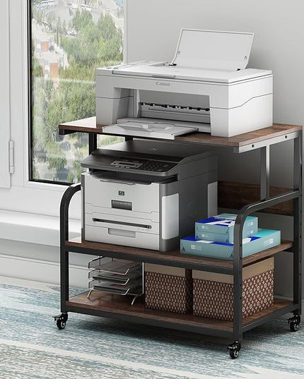 32.3" Wide Extra Large Printer Stand, 3 Tier Printer Table with Adjustable Storage Shelf, Rolling Printer Cart with Industrial Wheels for Home Office, Rustic Brown