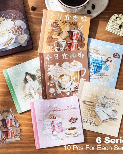 AuriicLeaf Coffee Aesthetic PET Stickers, 60 Pcs Large Collage Ephemera for Scrapbooking, Journaling, DIY Crafting, and Art Supplies
