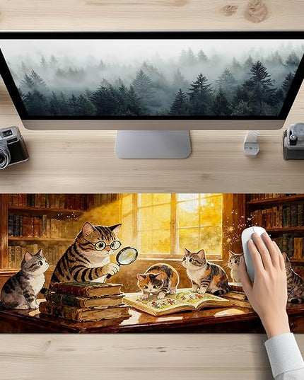 XL Mouse Pad 31.5 x 11.8 Inch Gaming Mousepad Diatomite Large Keyboard Mouse Pad for Home and Office Desk Accessories with Cozy Library Cat Study Artwork