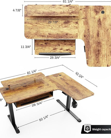 EUREKA ERGONOMIC Standing Desk with Keyboard Tray, Computer Desk, 61" L Shaped Electric Adjustable Height Desk w Monitor Stand LED, Corner Sit Stand Desk Gaming Desk, Dual Motor,Right/Rustic Brown