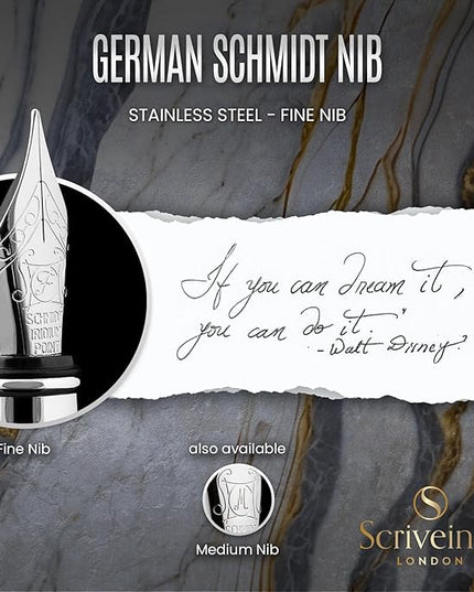 Scriveiner Midnight Blue Fountain Pen - Stunning Luxury Pen with Chrome Appointments, Schmidt Nib (Fine), Best Pen Gift Set for Men & Women, Professional, Executive, Office, Nice Pens