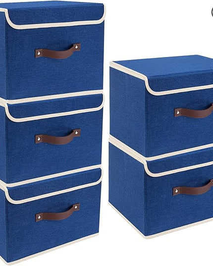TYEERS Foldable Storage Boxes with Lids 5 Pack Fabric Storage Bins with Lids, Closet Organizers for Clothes Storage, Room Organization, Office Storage, Toys - Classic Blue