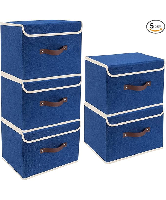 TYEERS Foldable Storage Boxes with Lids 5 Pack Fabric Storage Bins with Lids, Closet Organizers for Clothes Storage, Room Organization, Office Storage, Toys - Classic Blue