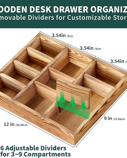 TEESSFROOD Desk Drawer Organizer Tray with 9 Adjustable Compartments, Wooden Office Desk Accessories Supplies Organization Storage for Desktop Bathroom Vanity Makeup 12" x 9" (Brown)