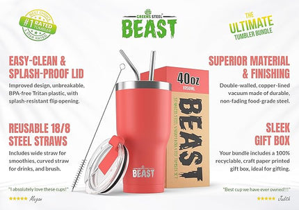 Beast 40 oz Tumbler Stainless Steel Vacuum Insulated Coffee Ice Cup Double Wall Travel Flask (Coral Pink)