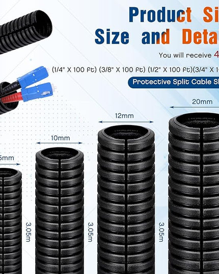 Sasylvia 1/4, 3/8, 1/2, 3/4'' X 10 ft Split Wire Loom Cord Protector Tubing Split Conduit Protector Tubing Convoluted Tube Flexible Electrical Wire Cover Protective Sleeves(Black)
