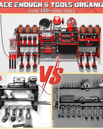 45" Large Power Tool Organizer Wall Mount with Charging Station - 3 Layer Storage Racks with 8 Cordless Drill Holder, 4 Hooks, Heavy Duty Garage Tool Organizer Storage for Workshop Pegboard Basement