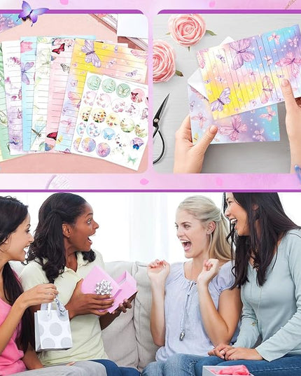 160 Pcs Stationery Paper Envelopes Set Includes 50 Lined Writing Paper & 50 Envelopes with 60 Colorful Round Dot Stickers, Cute Vintage Butterfly Letter Writing and Stationery Paper Envelopes(10Style)