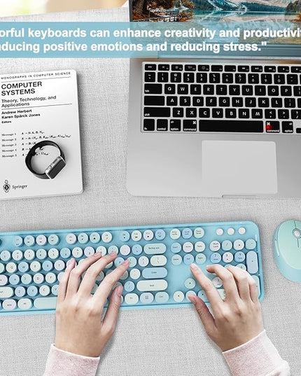Wireless Keyboard and Mouse Combo, Ergonomic Full Size Typewriter Retro Round Keycaps Keyboard, Compatible with Windows, PC, Perfer for Home and Office Keyboards (Blue
