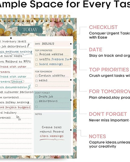 Taja To Do List Notepad - To Do List Notebook for Work with 52 Sheets, 9.8" x 6.5", Undated Daily Planner Perfect for Daily Tasks and Goal Setting, Notepad Suitable for Office, Home & School - Teal Petals