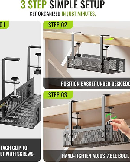 [Upgraded] 2 Pack Cable Management Under Desk Tray, Xpatee 27.6" No Drill Open Slots Cable Management Tray, Cord Wire Organizer Box with Clamp for Table Thickness up to 3" - No Desk Damage(Black)