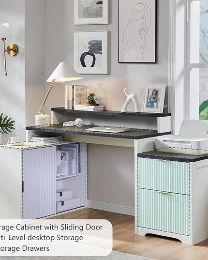 JXQTLINGMU 67" Modern L Shaped Desk with Storage Cabinet & Drawers, Wood Home Office Desk with Power Outlets, Fluted Computer Writing Desk, Antique White