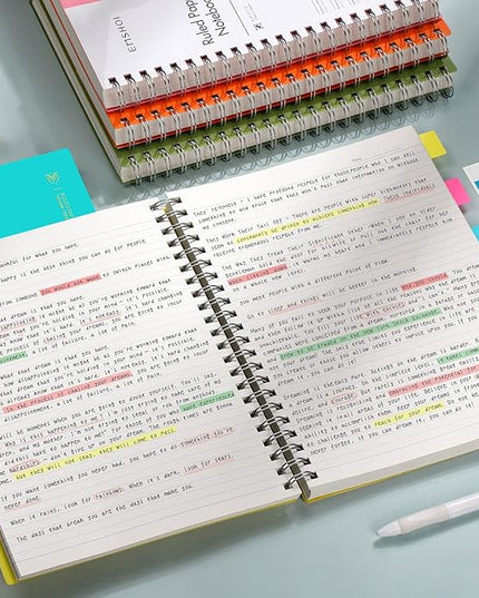 EMSHOI A4 Spiral Notebook College Ruled Lined Journal, 11.2" x 8.27", 300 Pages, 100gsm Thick Paper, Waterproof Softcover, Twin-Wire Binding, Sticky Notes, Purple