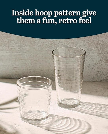 Libbey Hoops Tumbler and Rock Glass Set, Two Sized Nostalgic Retro Glass Cups Set, Dishwasher Safe Glasses Drinking Set of 16 for Any Occasion