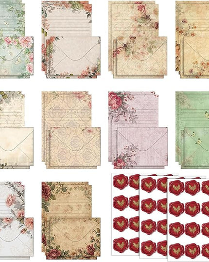 TaoBary 160 Pcs Stationery Paper Set 50 Double Sided Stationery Papers with 50 Matching Envelopes and 60 Round Dot Sticker, 10 Design(Vintage Floral,5.5 x 8.25 Inch)