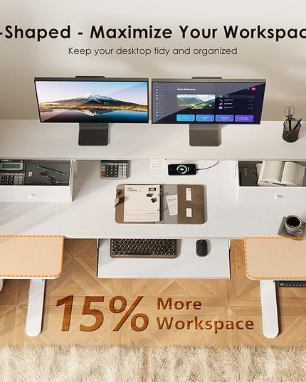 OffiGo U Shaped Electric Standing Desk with Drawers, 55 Inch Height Adjustable Desk with Keyboard Tray ＆ Ergonomic Monitor Stand, Sit Stand Table with Power Outlets for Home, Office, White