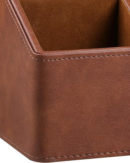 MEIBOOCH PU Leather Desk Organizer, Luxury Remote Control Holder for Home, Office Desk Accessories Table Caddy Bedside Nightstand Organizer (Brown)