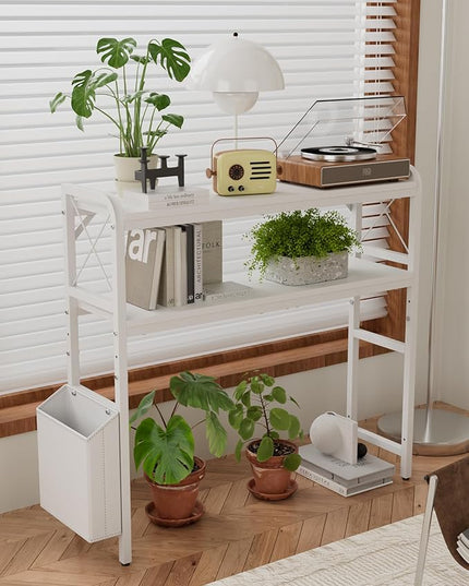 VERSASKY Desktop Shelves, Monitor Stand with Adjustable Shelves and Side Pockets, 2-Tier Desktop Bookshelf Organizer, Large Capacity Display Shelf Rack, Desk Hutch for Home Office, Study Room, White