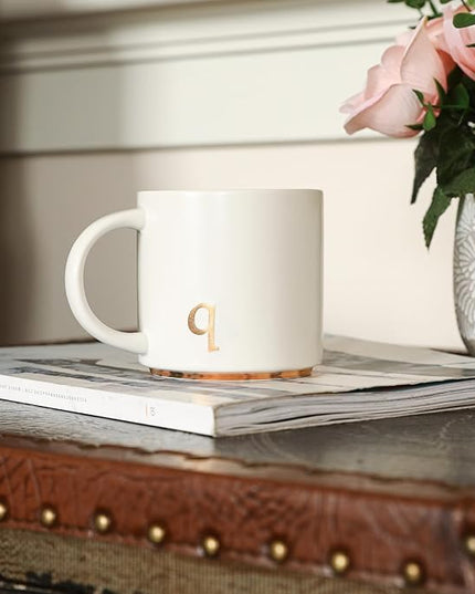 COLLECTIVE HOME - Monogram Ceramic Mugs, 15 oz Golden Initial Coffee Cups, Elegant Alphabet Tea Mugs, Elegant Personalized Mug with Gift Box, Luxurious Cups for Office and Home (q)