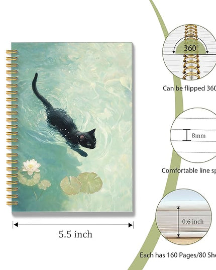 ROXMART Whimsical Funny Black Cat Spiral Notebook Journal, Cat Lover Mom Lady Owner Gifts, Cute Black Kitty Kitten in Water Lily Pond Hardcover Notebook Journal, 5.5x8.3 Inch