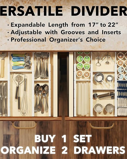 SpaceAid Bamboo Drawer Dividers with Inserts and Labels, Kitchen Adjustable Drawer Organizers, Expandable Organization for Home, Office, Dressers, 7 Dividers with 15 Inserts (17"-22" White)