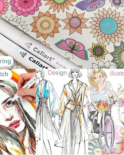 Caliart Pastel Alcohol Markers Brush Tip, 100 Colors Dual Tip Coloring Marker Pen Set Brush & Chisel, Art Supplies Gift for Adults Coloring Book Artists Sketch Drawing Illustration