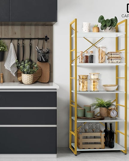 CAPHAUS 5 Tier Bookshelf, 24 Inch Width Free Standing Shelf, Bookcase Shelf Storage Organizer, Industrial Book Shelves for Home Office, Living Room, Kitchen, White Wooden Shelves & Gold Frame
