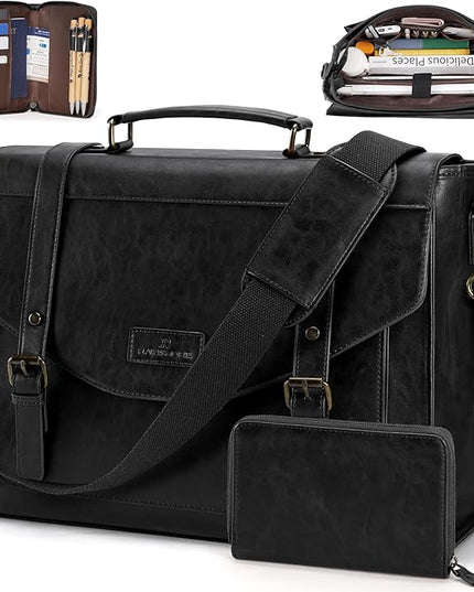 RAINSMORE Flap Messenger Bag for Men Vintage PU Leather Laptop Bag 15.6 Inch Retro Briefcase with Wallet Satchel Computer Bag