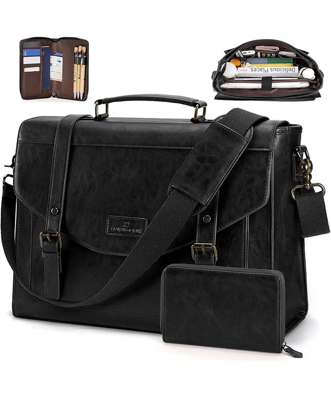 RAINSMORE Flap Messenger Bag for Men Vintage PU Leather Laptop Bag 15.6 Inch Retro Briefcase with Wallet Satchel Computer Bag