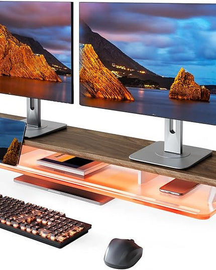 Fenge Dual Monitor Stand, 2 Tiers Acrylic Monitor Riser with LED Lights, 42.5 Inch Wood and Aluminum Desk Shelf with Phone and Tablet Holder