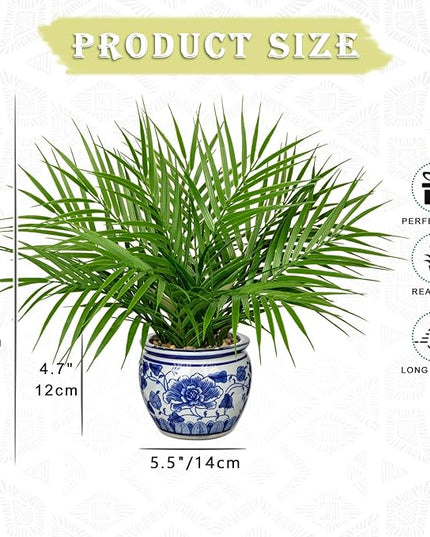 Hollyone Large Artificial Potted Plants Fake Palm Plants 16" Faux Green Plant Plastic Tropical Palm Tree in Blue and White Porcelain Ceramic Pots for Home Room Office House Indoor Decoration