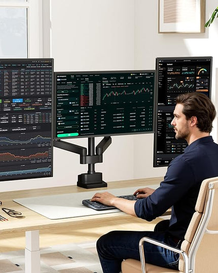 monTEK Triple Monitor Mount for Max 27 inch Computer Screens, 3 Monitor Desk Mount Each Arms Holds up to 19.8lbs, Three Monitors Desk Arm with Swivel, Tilt, Rotation, MA1009PBK-T