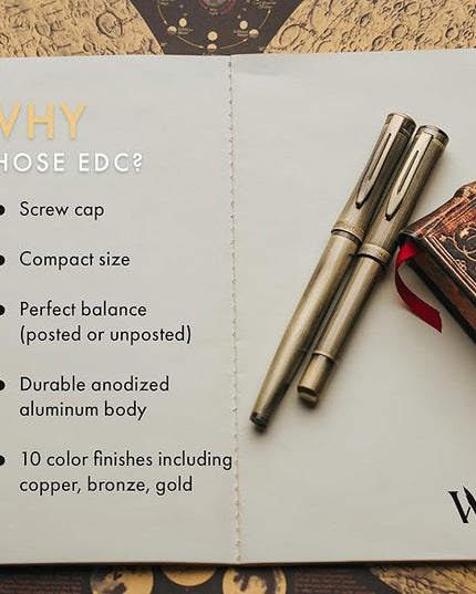 Wordsworth and Black Fountain Pen Mini EDC: Luxury Bronze Heavy Pocket Pen, Medium Nib, 6 Ink Cartridges, Ink Converter, Travel Refillable Writing Pen Gift Set, Men & Women