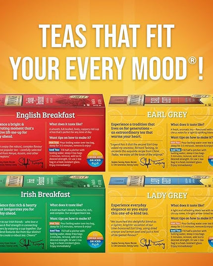 Twinings Variety Pack Black Tea Bags, 20 Count (Pack of 4), Includes English Breakfast, Earl Grey, Irish Breakfast, and Lady Grey, Caffeinated, Enjoy Hot or Iced, 80 Teabags