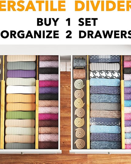 SpaceAid Bamboo 4 Pack Dresser Drawer Dividers, 4.65“ High Adjustable 17“-22” Drawer Organizers, Expandable Organization for Clothing, Clothes, Dressers, Natural
