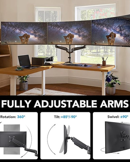HUANUO Triple Monitor Mount for 17 to 32 inch Screens, Adjustment Gaming Triple Monitor Stand with Swivel, Tilt, Rotation, Clamp & Grommet Kit